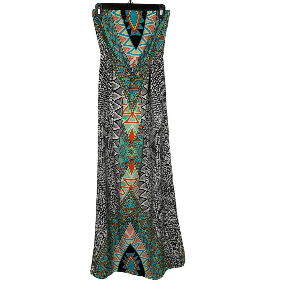 Hello Miss Womens Strapless Aztec Geo Tribal Print Grey/Green Maxi Dress Small